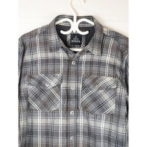 prana Men's M Organic Cotton Flannel Shirt Gray Brown Plaid Long Sleeve Button